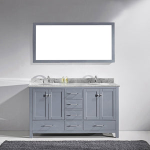 Virtu USA Caroline Avenue 60" Double Bath Vanity with White Marble Top and Round Sinks with Brushed Nickel Faucets with Matching Mirror