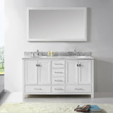 Virtu USA Caroline Avenue 60" Double Bath Vanity with White Marble Top and Round Sinks with Polished Chrome Faucets with Matching Mirror