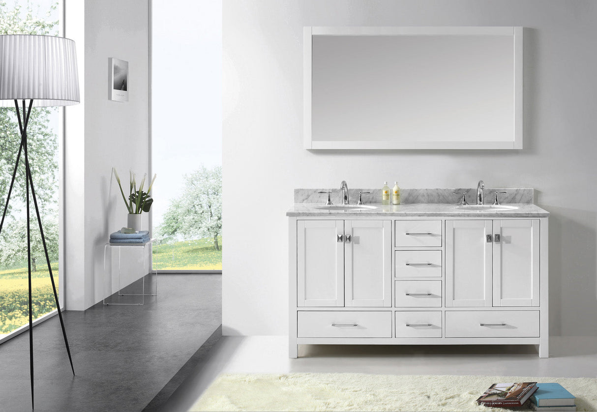 Virtu USA Caroline Avenue 60" Double Bath Vanity with White Marble Top and Round Sinks with Polished Chrome Faucets with Matching Mirror