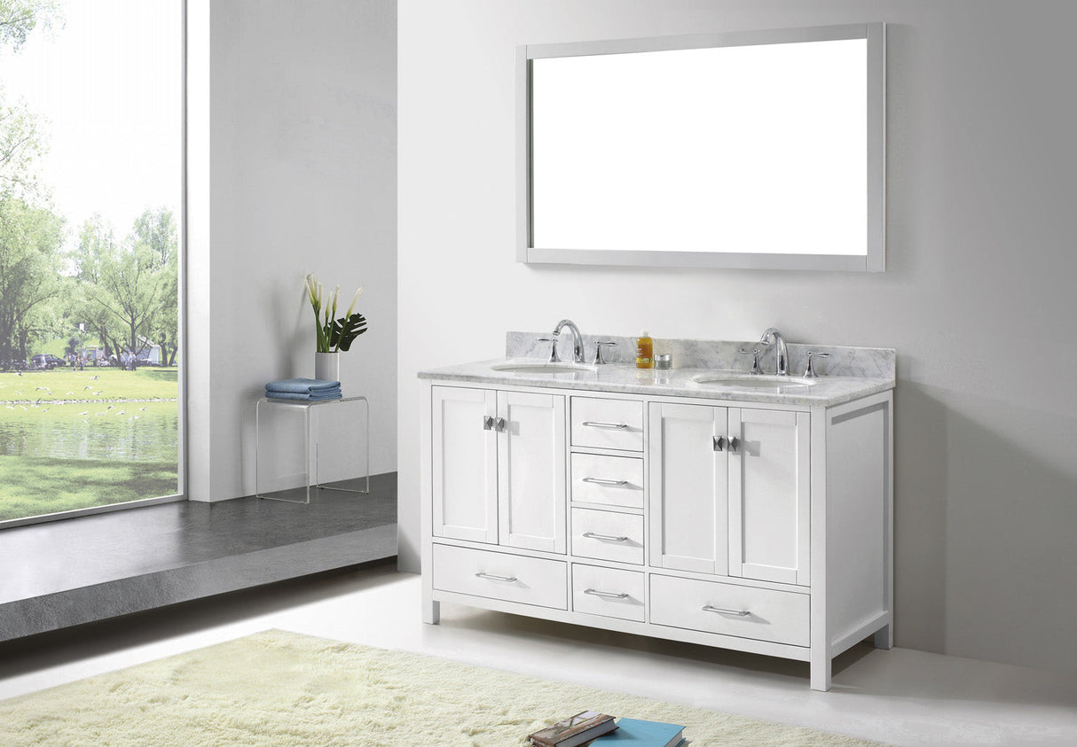 Virtu USA Caroline Avenue 60" Double Bath Vanity with White Marble Top and Round Sinks with Polished Chrome Faucets with Matching Mirror