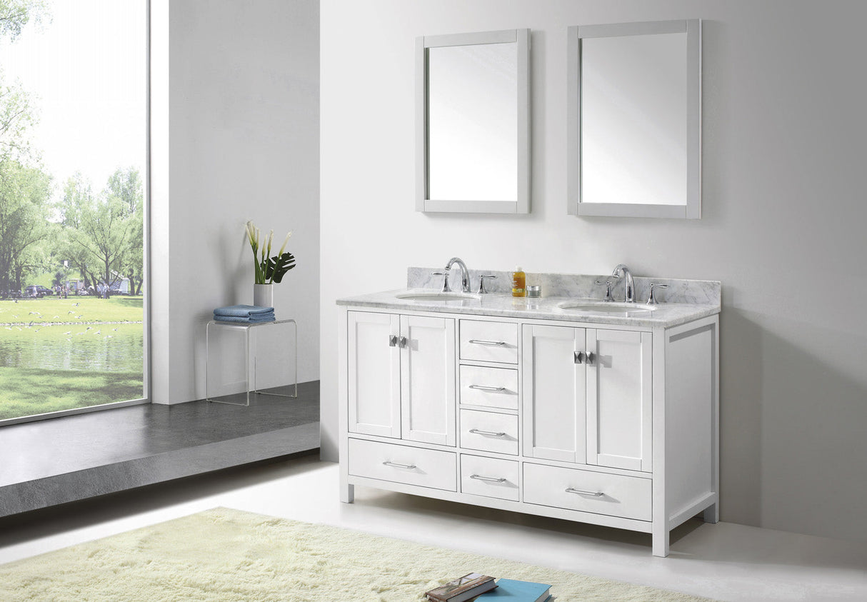 Virtu USA Caroline Avenue 60" Double Bath Vanity with White Marble Top and Round Sinks with Matching Mirrors