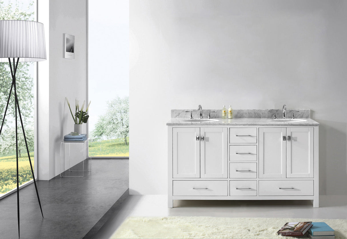 Virtu USA Caroline Avenue 60" Double Bath Vanity with White Marble Top and Round Sinks