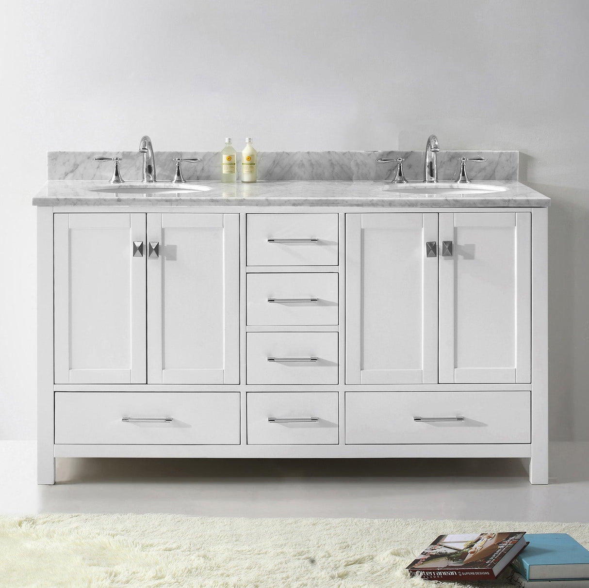 Virtu USA Caroline Avenue 60" Double Bath Vanity with White Marble Top and Round Sinks