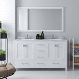 Virtu USA Caroline Avenue 60" Double Bath Vanity with White Marble Top and Round Sinks with Brushed Nickel Faucets with Matching Mirror