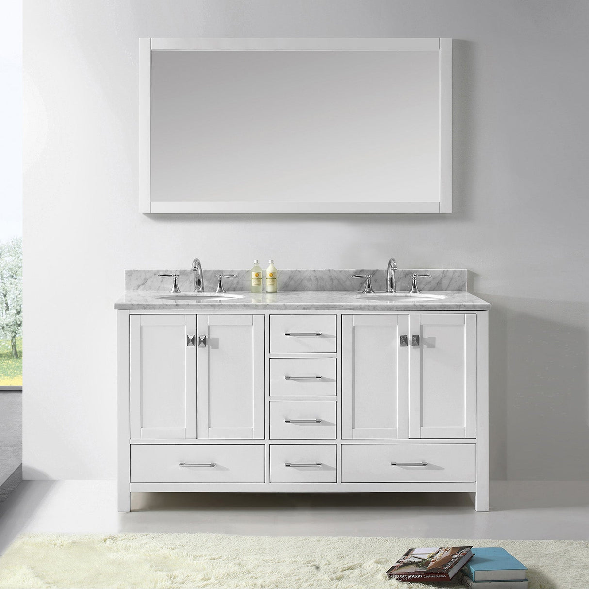 Virtu USA Caroline Avenue 60" Double Bath Vanity with White Marble Top and Round Sinks with Brushed Nickel Faucets with Matching Mirror