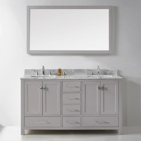 Virtu USA Caroline Avenue 60" Double Bath Vanity with White Marble Top and Square Sinks with Brushed Nickel Faucets with Matching Mirror