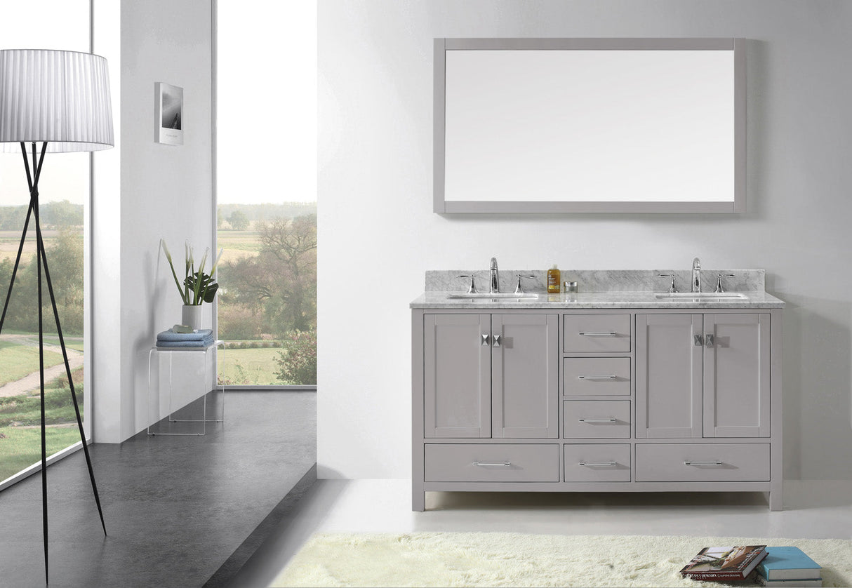 Virtu USA Caroline Avenue 60" Double Bath Vanity with White Marble Top and Square Sinks with Brushed Nickel Faucets with Matching Mirror