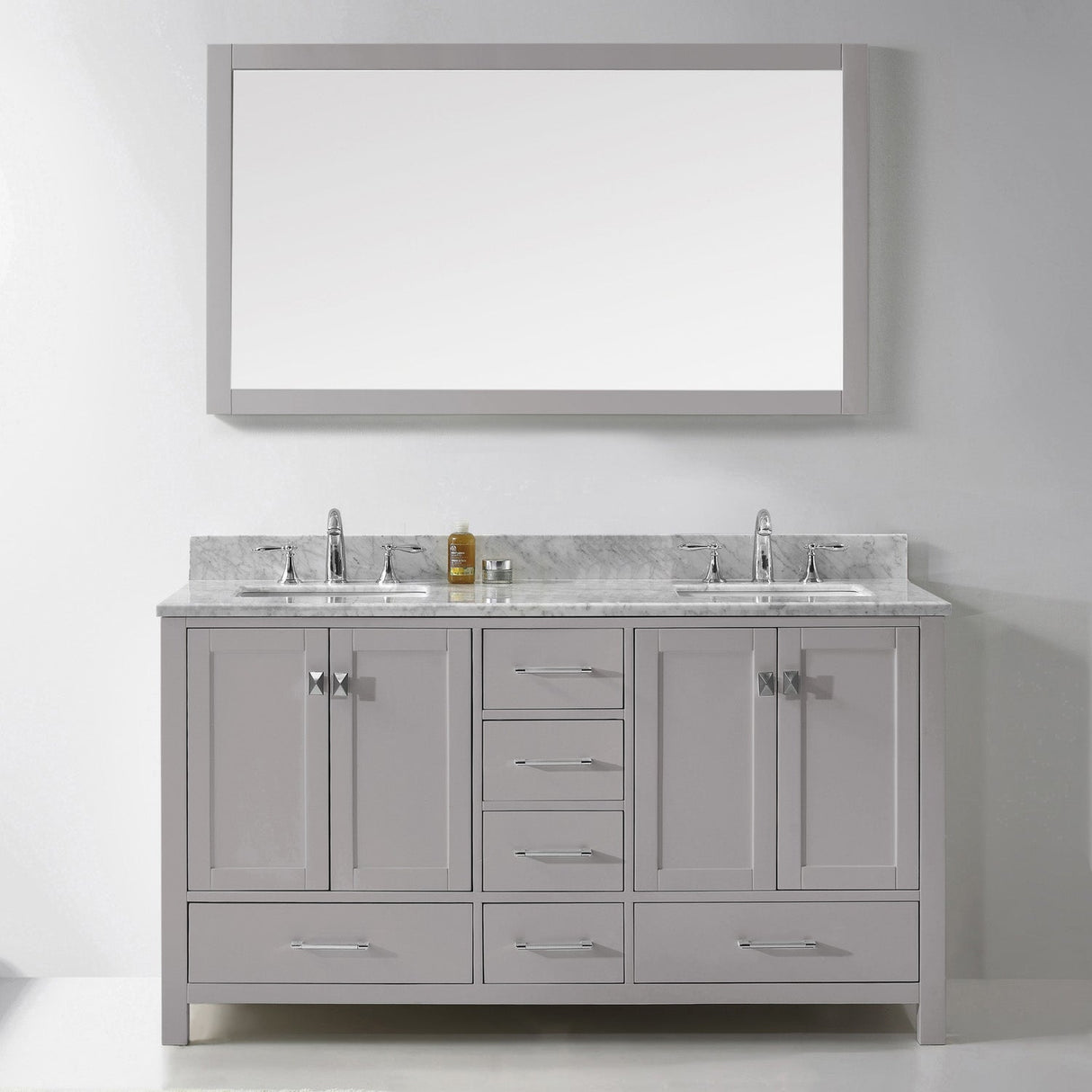 Virtu USA Caroline Avenue 60" Double Bath Vanity with White Marble Top and Square Sinks with Polished Chrome Faucets with Matching Mirror