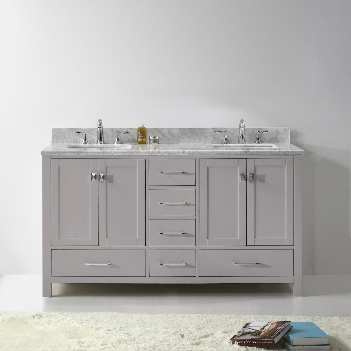 Virtu USA Caroline Avenue 60" Double Bath Vanity in Cashmere Gray with White Marble Top and Square Sinks with Polished Chrome Faucets