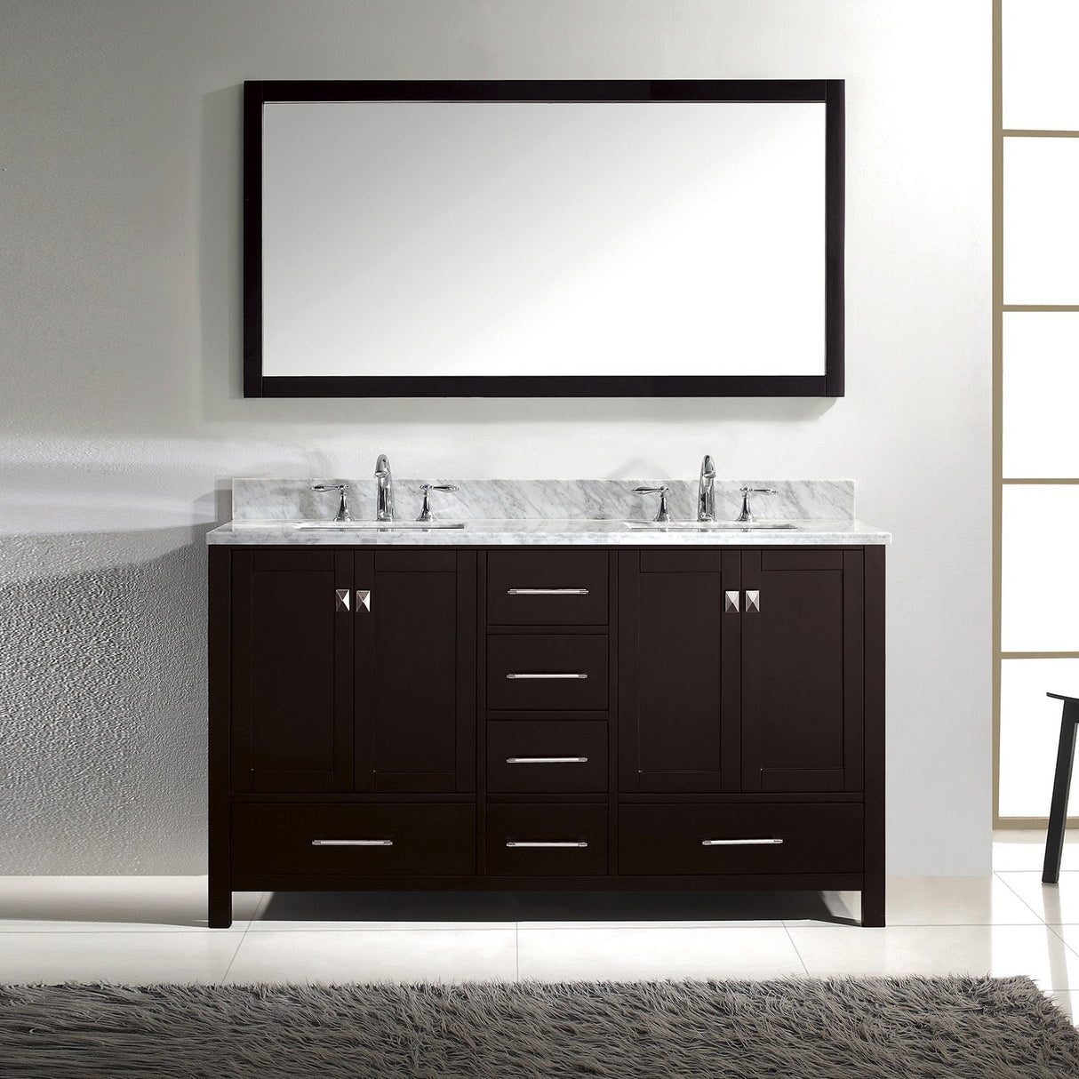 Virtu USA Caroline Avenue 60" Double Bath Vanity with White Marble Top and Square Sinks with Brushed Nickel Faucets with Matching Mirror