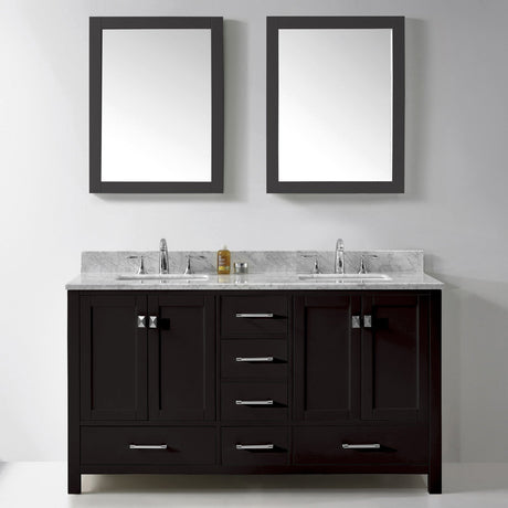 Virtu USA Caroline Avenue 60" Double Bath Vanity with White Marble Top and Square Sinks with Matching Mirrors