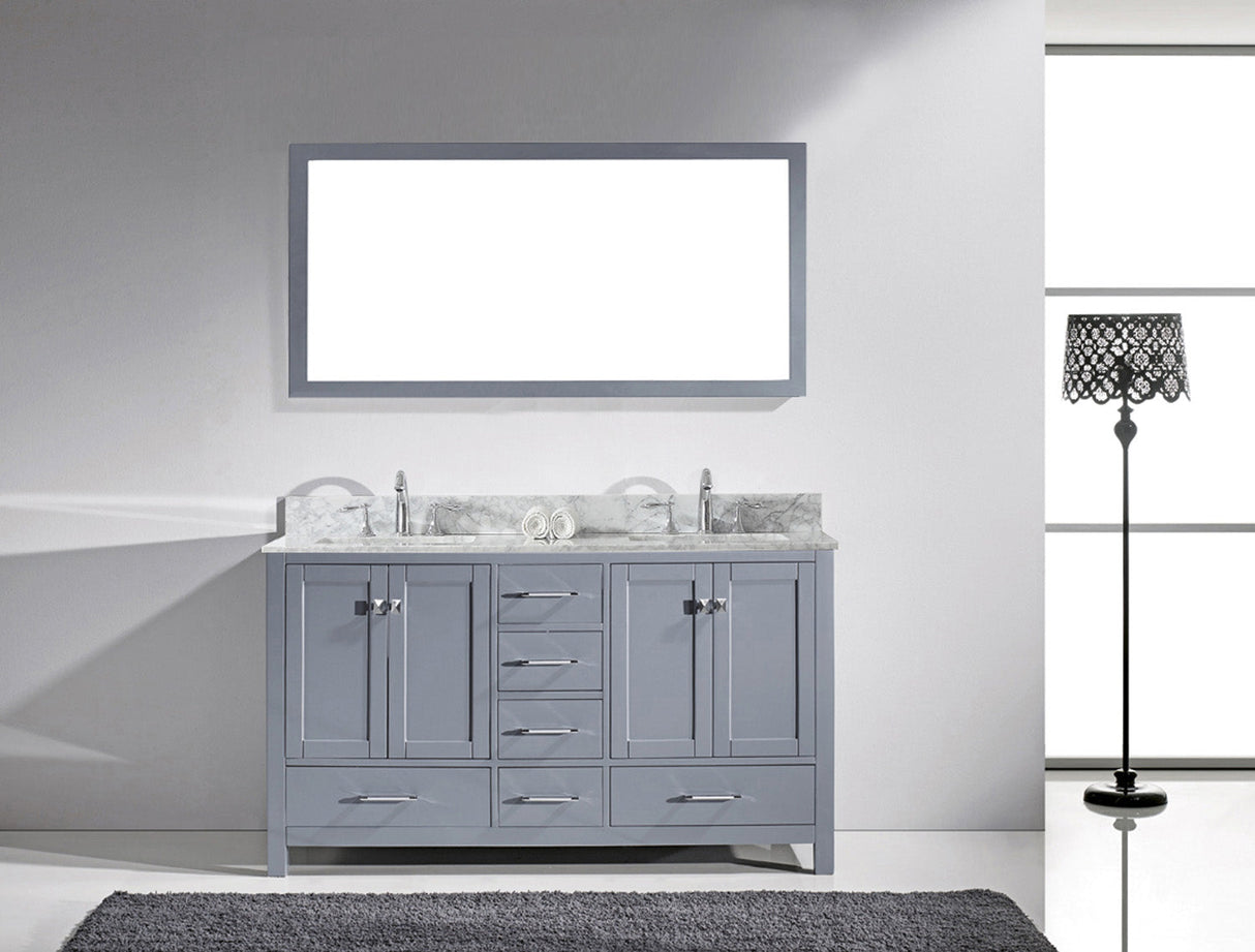 Virtu USA Caroline Avenue 60" Double Bath Vanity with White Marble Top and Square Sinks with Brushed Nickel Faucets with Matching Mirror