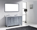 Virtu USA Caroline Avenue 60" Double Bath Vanity with White Marble Top and Square Sinks with Brushed Nickel Faucets with Matching Mirror