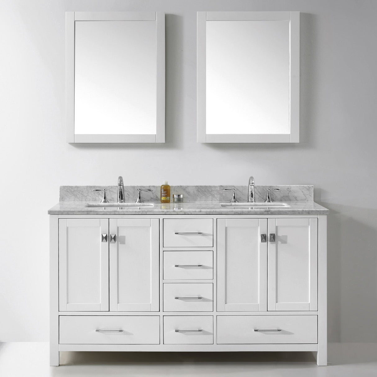 Virtu USA Caroline Avenue 60" Double Bath Vanity with White Marble Top and Square Sinks with Matching Mirrors