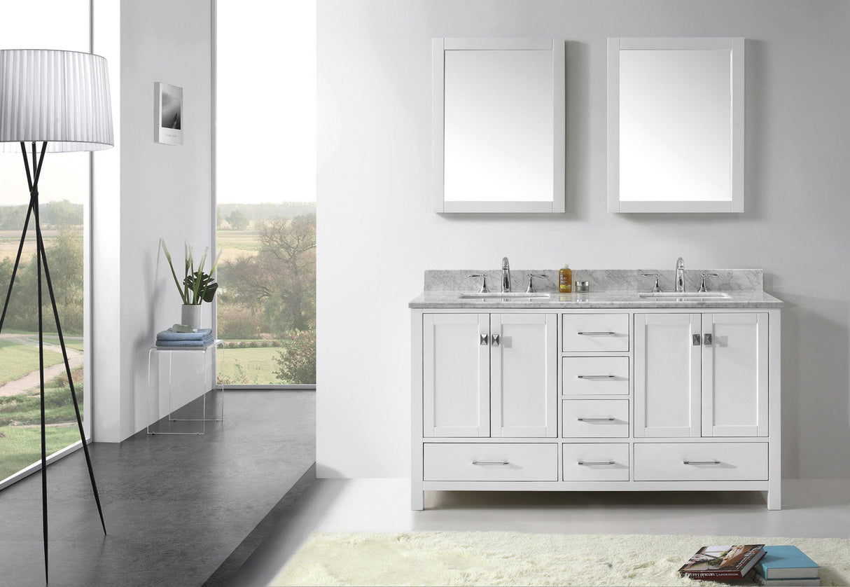 Virtu USA Caroline Avenue 60" Double Bath Vanity with White Marble Top and Square Sinks with Matching Mirrors