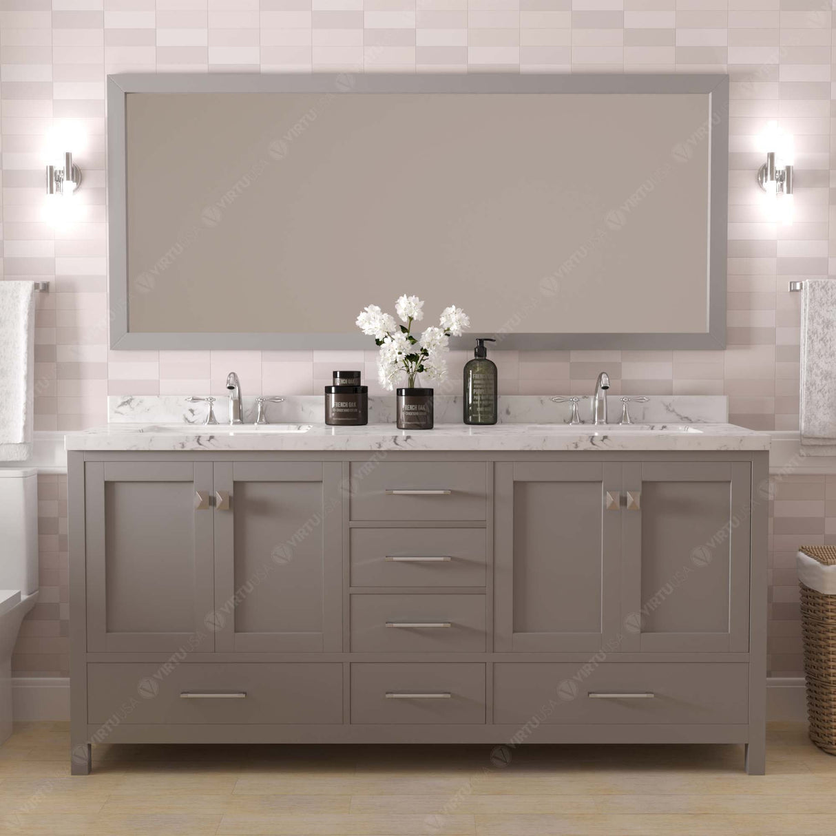 Virtu USA Caroline Avenue 72" Double Bath Vanity with White Quartz Top and Round Sinks with Matching Mirror