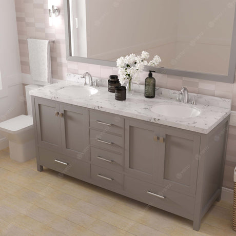 Virtu USA Caroline Avenue 72" Double Bath Vanity with White Quartz Top and Round Sinks with Brushed Nickel Faucets with Matching Mirror