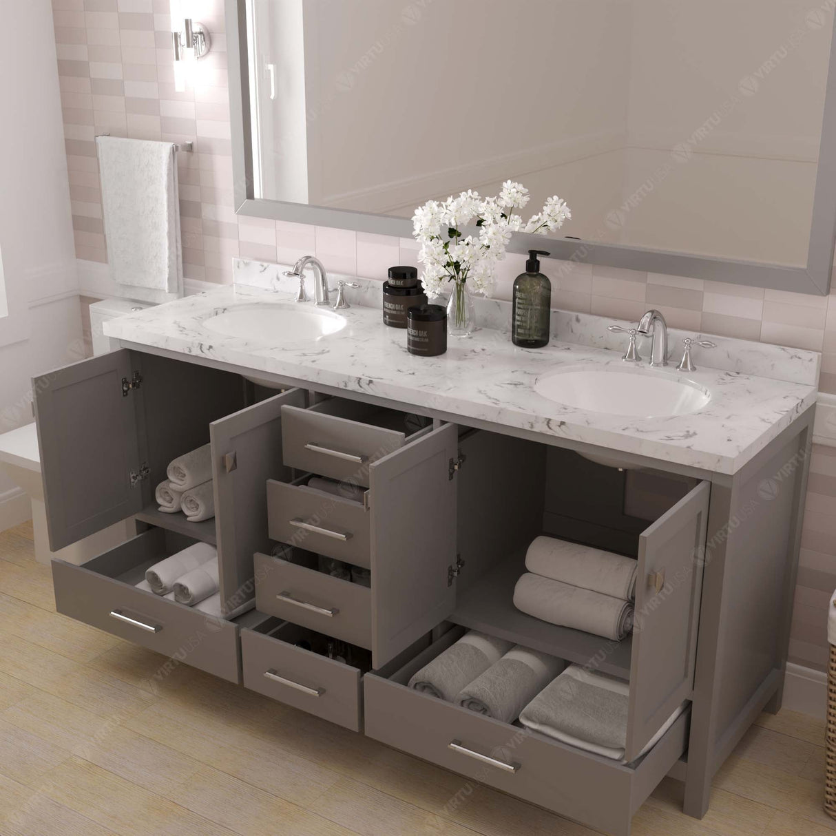 Virtu USA Caroline Avenue 72" Double Bath Vanity with White Quartz Top and Round Sinks with Matching Mirror