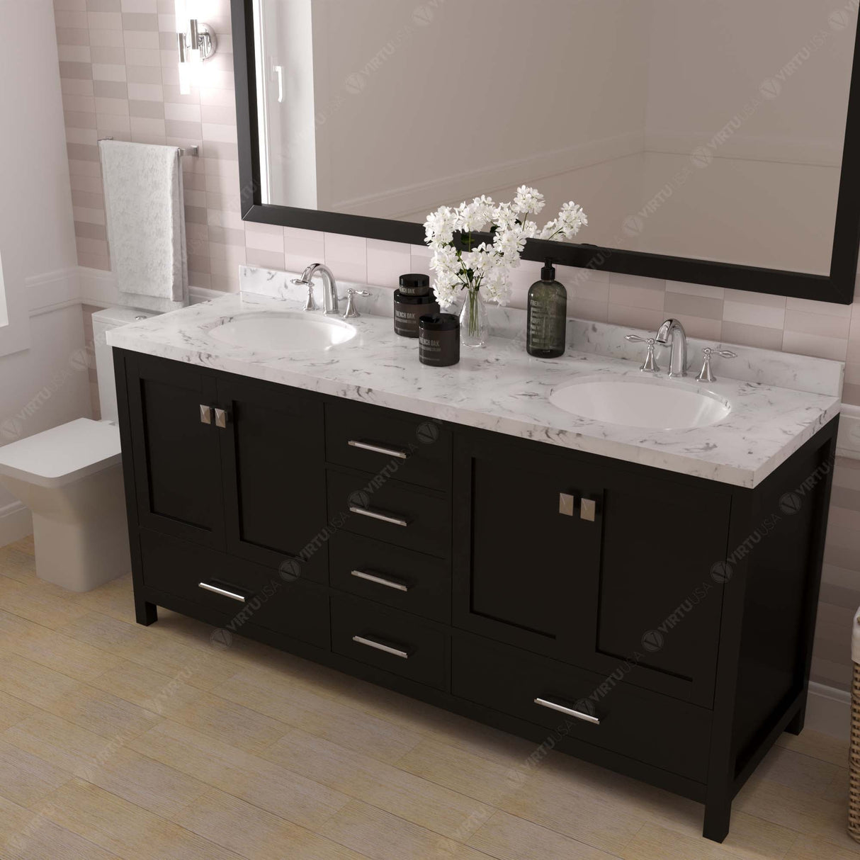 Virtu USA Caroline Avenue 72" Double Bath Vanity with White Quartz Top and Round Sinks with Matching Mirror