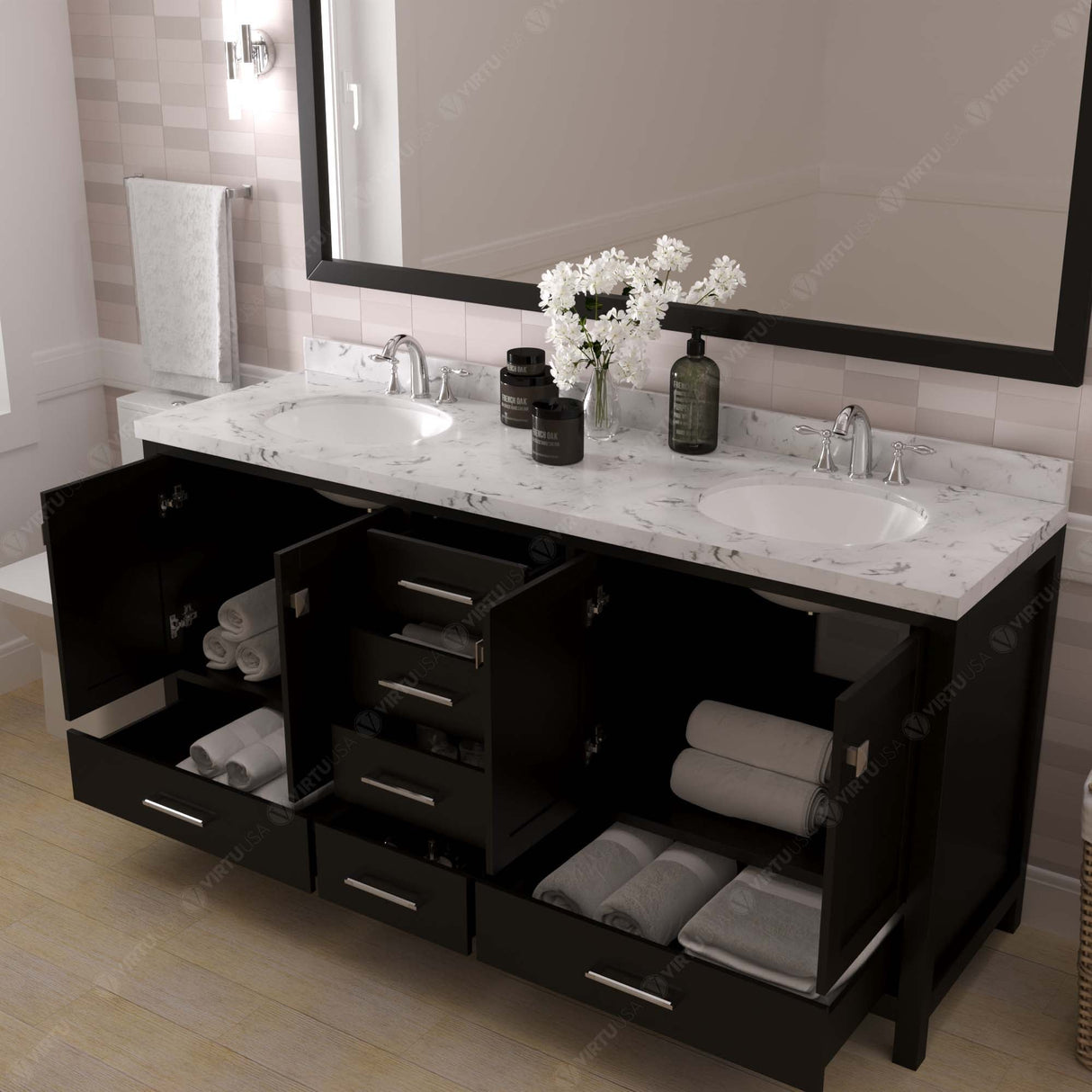 Virtu USA Caroline Avenue 72" Double Bath Vanity with White Quartz Top and Round Sinks with Matching Mirror