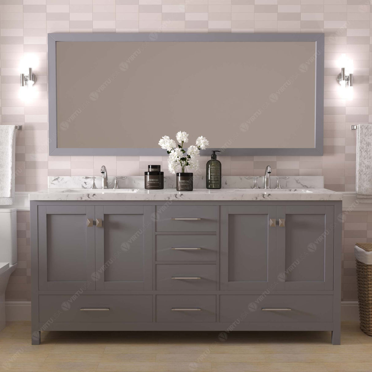 Virtu USA Caroline Avenue 72" Double Bath Vanity with White Quartz Top and Round Sinks with Matching Mirror