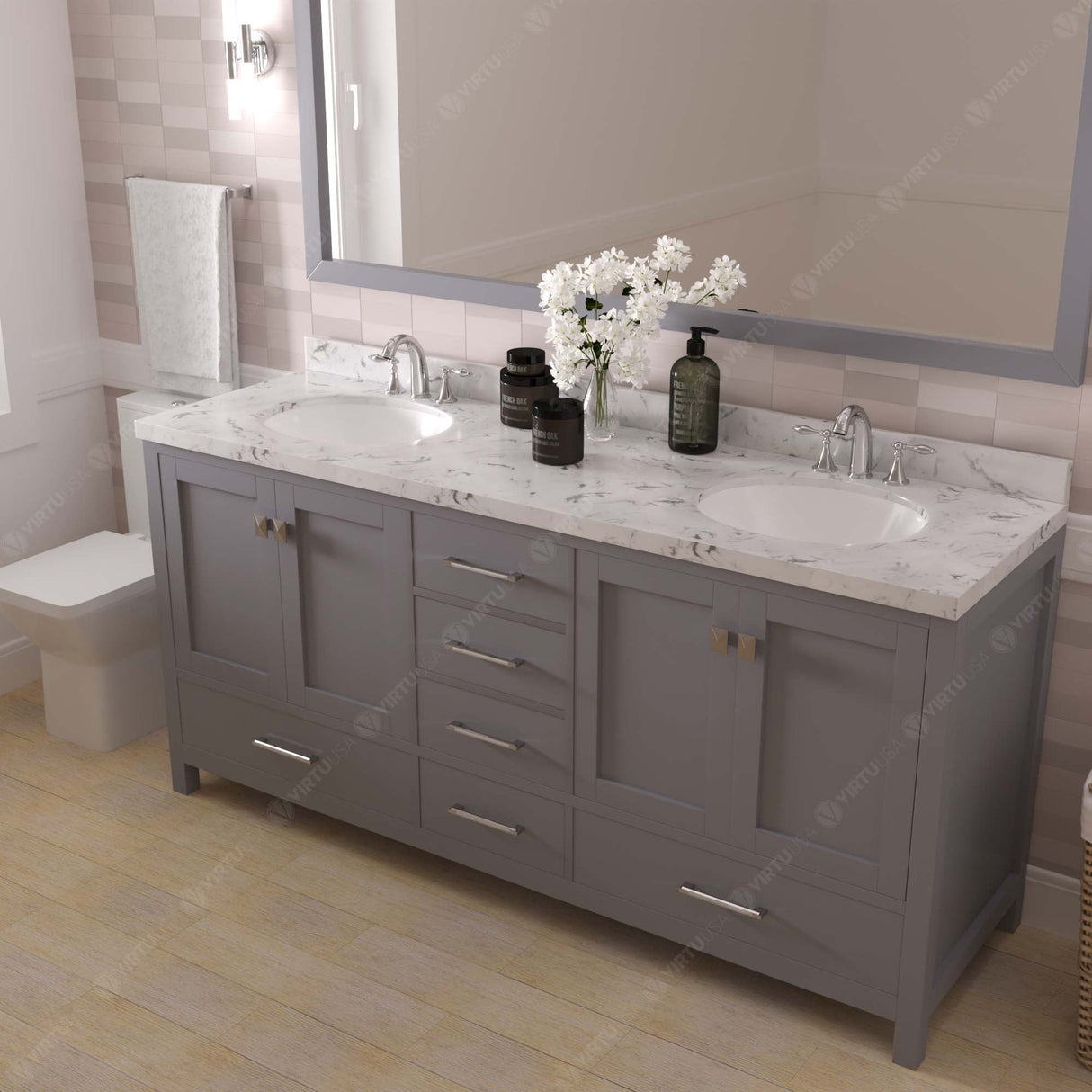 Virtu USA Caroline Avenue 72" Double Bath Vanity with White Quartz Top and Round Sinks with Matching Mirror