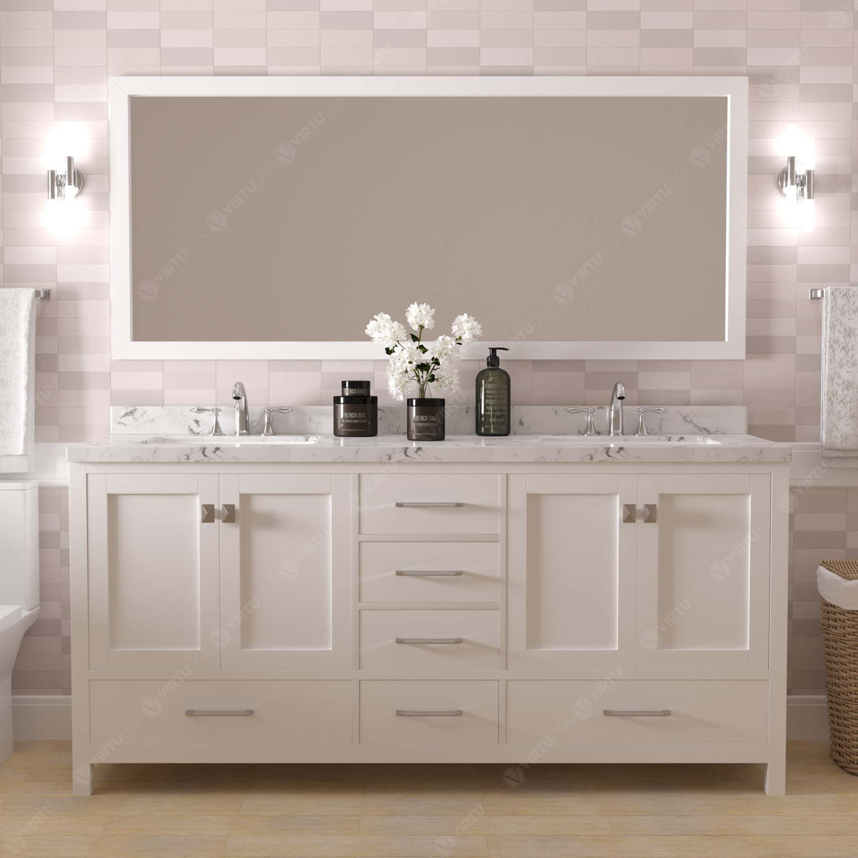 Virtu USA Caroline Avenue 72" Double Bath Vanity with White Quartz Top and Round Sinks with Matching Mirror