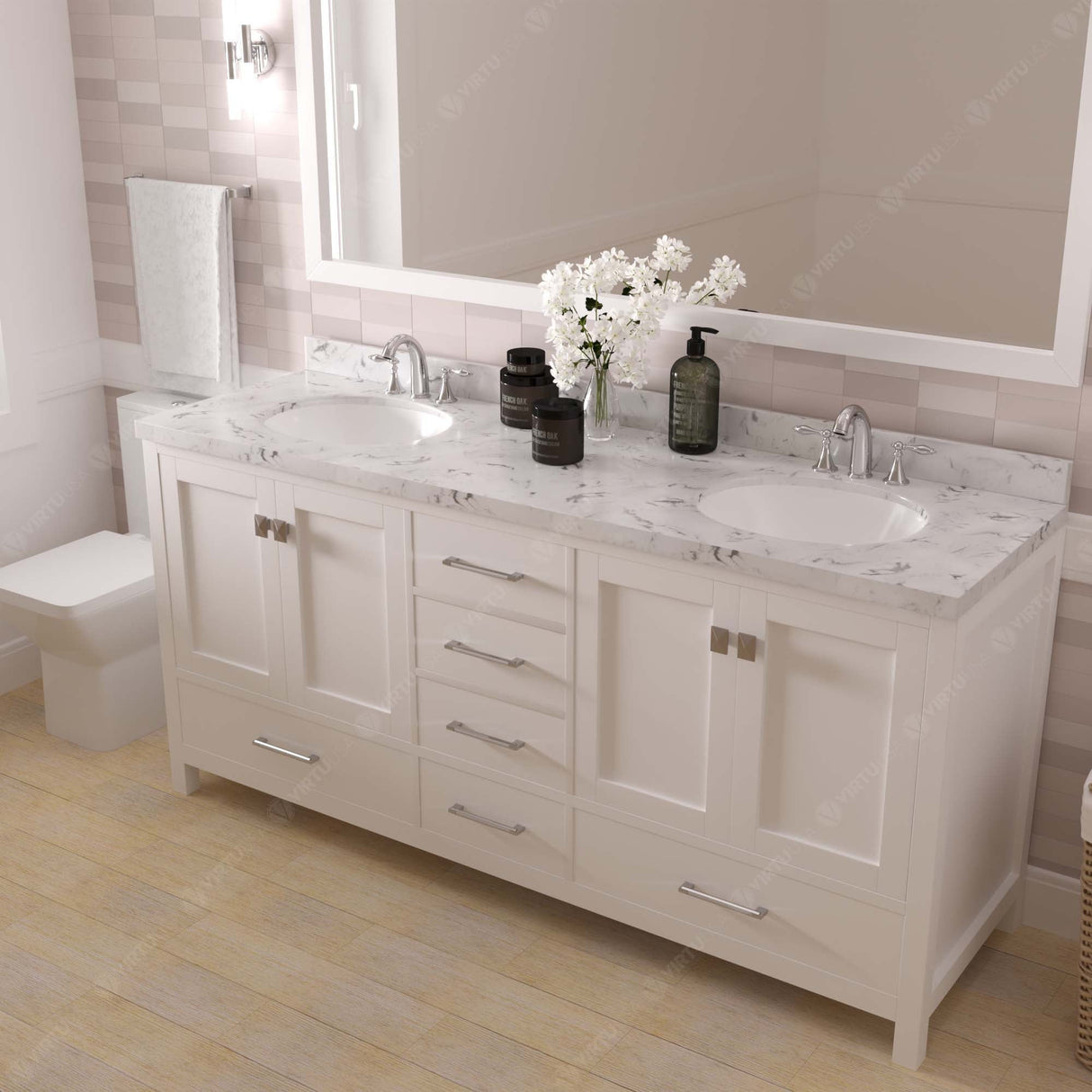 Virtu USA Caroline Avenue 72" Double Bath Vanity with White Quartz Top and Round Sinks with Matching Mirror