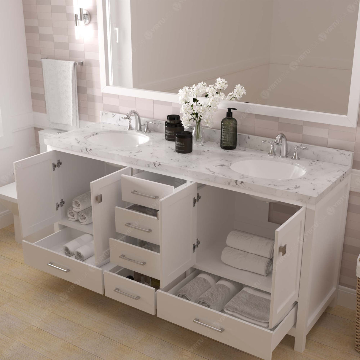 Virtu USA Caroline Avenue 72" Double Bath Vanity with White Quartz Top and Round Sinks with Brushed Nickel Faucets with Matching Mirror