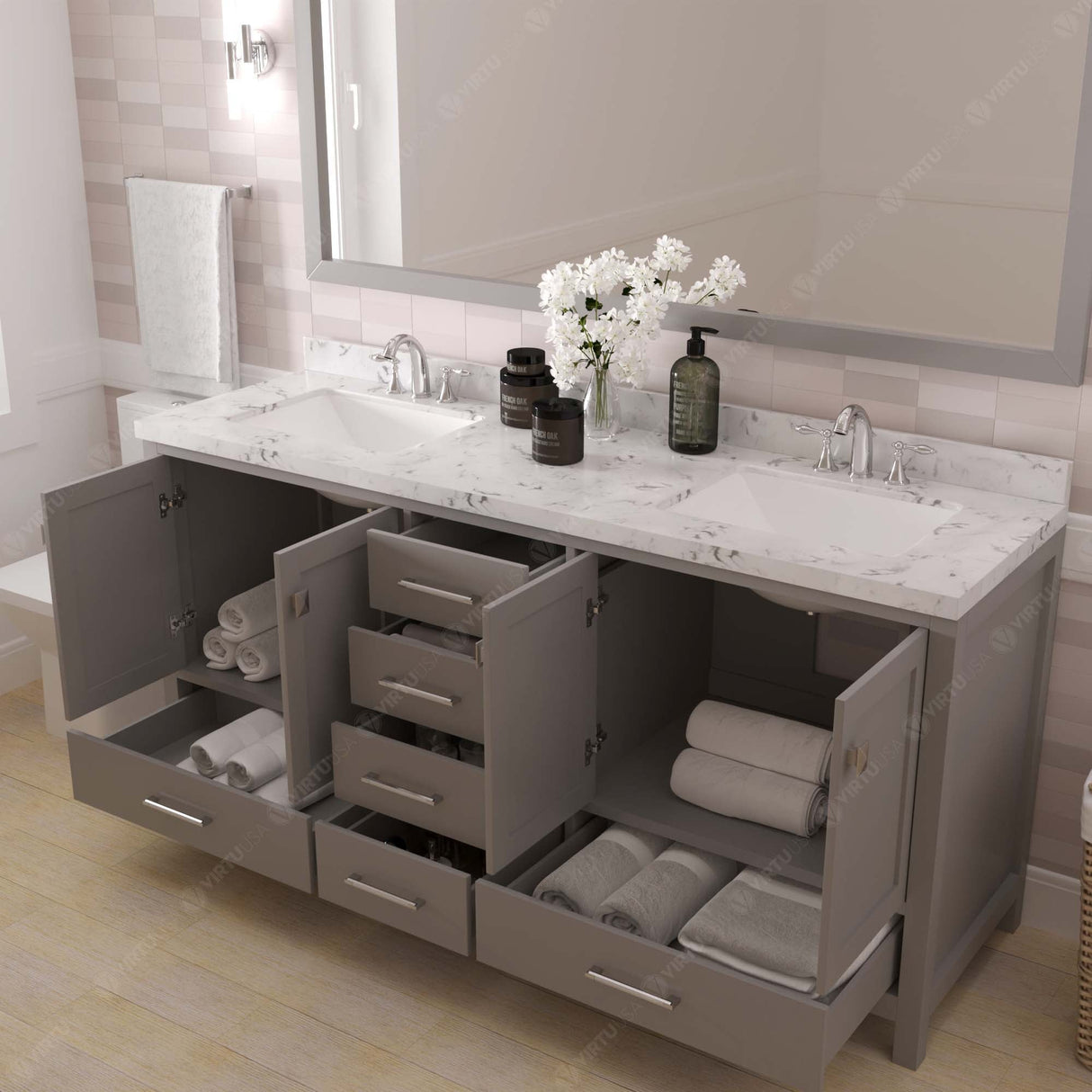 Virtu USA Caroline Avenue 72" Double Bath Vanity with White Quartz Top and Square Sinks with Matching Mirror