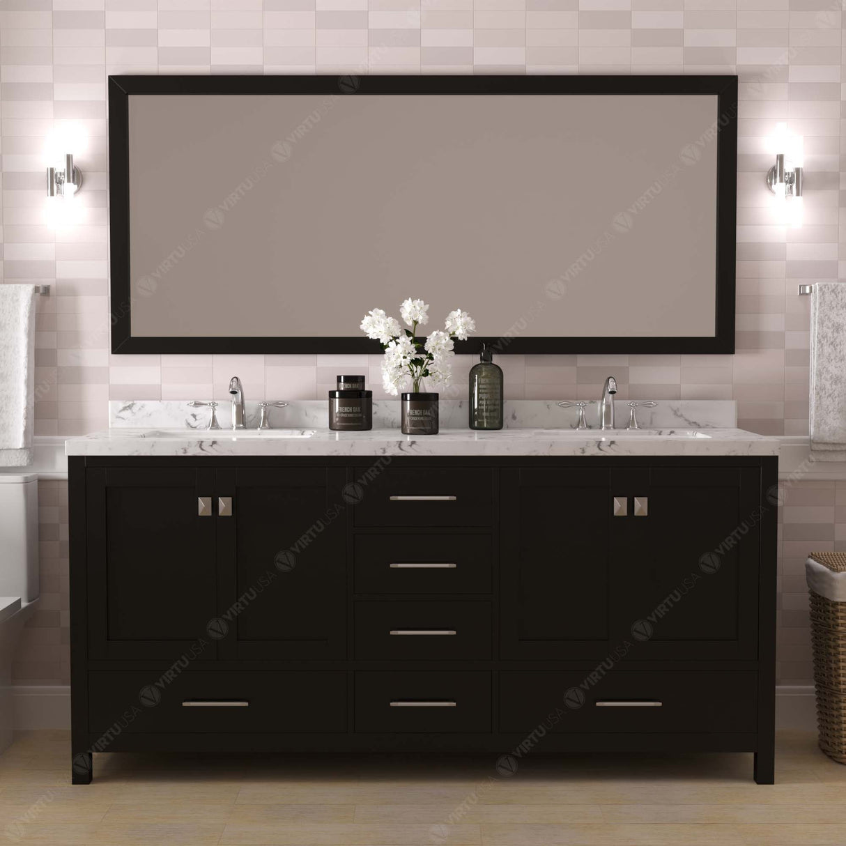 Virtu USA Caroline Avenue 72" Double Bath Vanity with White Quartz Top and Square Sinks with Matching Mirror