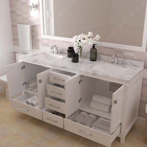 Virtu USA Caroline Avenue 72" Double Bath Vanity with White Quartz Top and Square Sinks with Polished Chrome Faucets with Matching Mirror