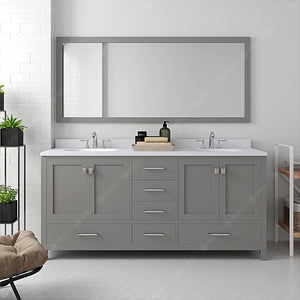 Virtu USA Caroline Avenue 72" Double Bath Vanity with Dazzle White Quartz Top and Round Sinks with Brushed Nickel Faucets with Matching Mirror