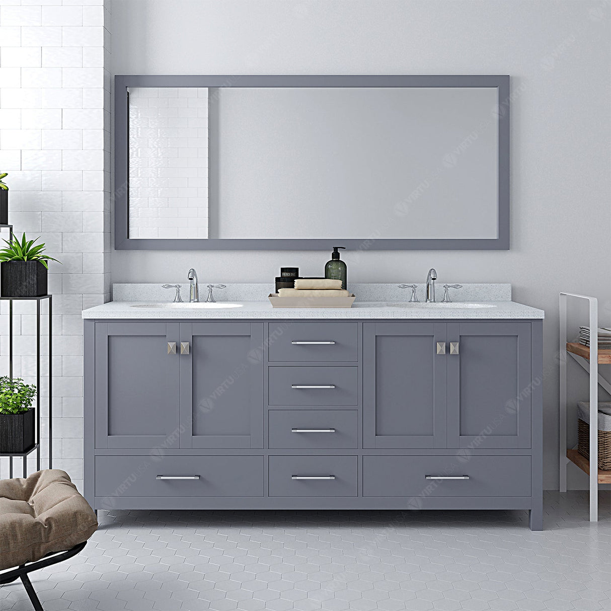 Virtu USA Caroline Avenue 72" Double Bath Vanity with Dazzle White Quartz Top and Round Sinks with Polished Chrome Faucets with Matching Mirror