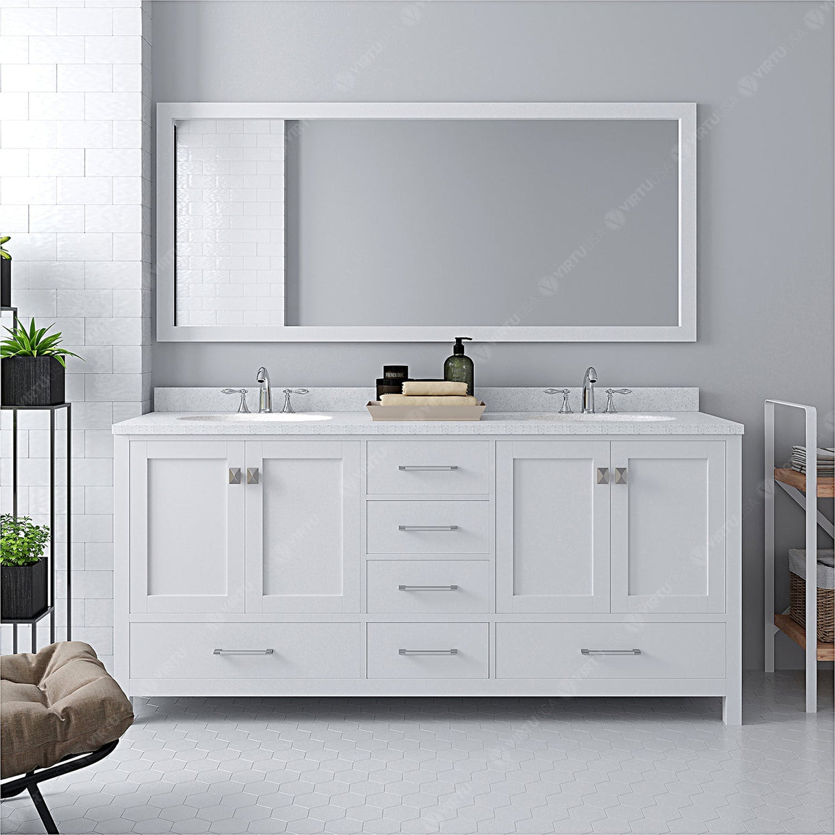 Virtu USA Caroline Avenue 72" Double Bath Vanity with Dazzle White Quartz Top and Round Sinks with Brushed Nickel Faucets with Matching Mirror