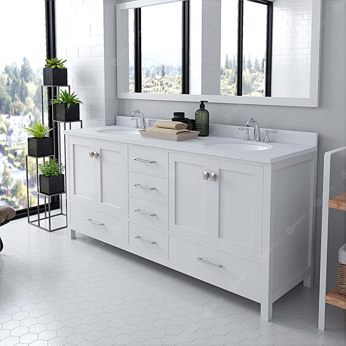 Virtu USA Caroline Avenue 72" Double Bath Vanity with White Quartz Top and Round Sinks