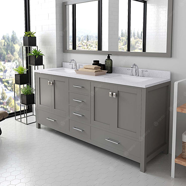 Virtu USA Caroline Avenue 72" Double Bath Vanity with Dazzle White Quartz Top and Square Sinks with Brushed Nickel Faucets with Matching Mirror