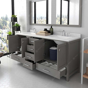 Virtu USA Caroline Avenue 72" Double Bath Vanity with Dazzle White Quartz Top and Square Sinks with Brushed Nickel Faucets with Matching Mirror
