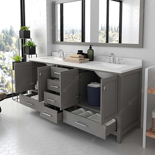 Virtu USA Caroline Avenue 72" Double Bath Vanity with Dazzle White Quartz Top and Square Sinks with Brushed Nickel Faucets with Matching Mirror