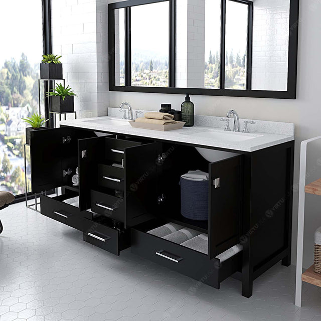Virtu USA Caroline Avenue 72" Double Bath Vanity with Dazzle White Quartz Top and Square Sinks with Polished Chrome Faucets with Matching Mirror