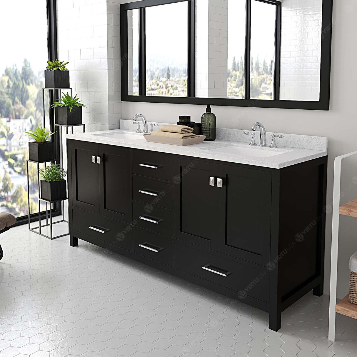 Virtu USA Caroline Avenue 72" Double Bath Vanity with Dazzle White Quartz Top and Square Sinks with Matching Mirror