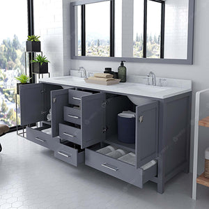 Virtu USA Caroline Avenue 72" Double Bath Vanity with Dazzle White Quartz Top and Square Sinks with Polished Chrome Faucets with Matching Mirror