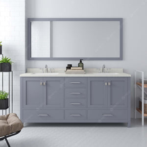 Virtu USA Caroline Avenue 72" Double Bath Vanity with Dazzle White Quartz Top and Square Sinks with Brushed Nickel Faucets with Matching Mirror