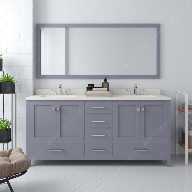 Virtu USA Caroline Avenue 72" Double Bath Vanity with Dazzle White Quartz Top and Square Sinks with Brushed Nickel Faucets with Matching Mirror