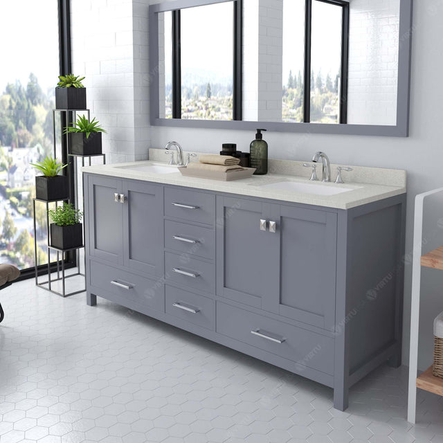Virtu USA Caroline Avenue 72" Double Bath Vanity with Dazzle White Quartz Top and Square Sinks with Brushed Nickel Faucets with Matching Mirror