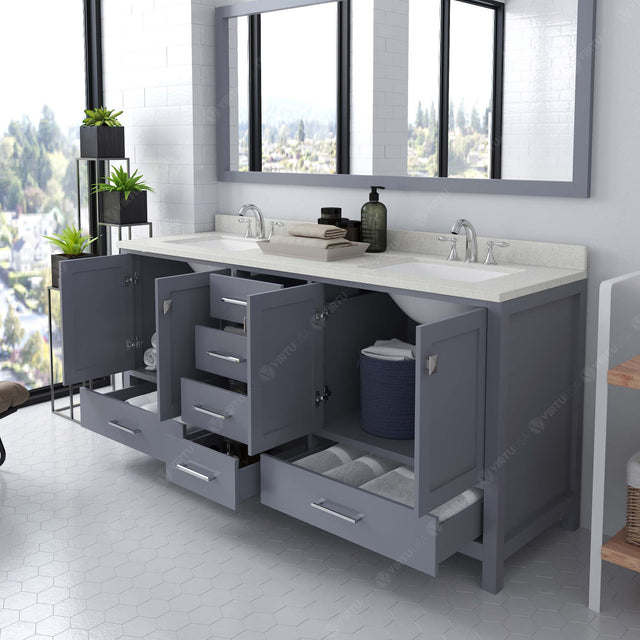 Virtu USA Caroline Avenue 72" Double Bath Vanity with Dazzle White Quartz Top and Square Sinks with Brushed Nickel Faucets with Matching Mirror