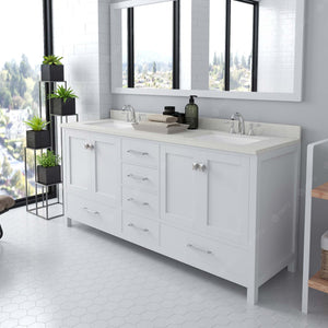 Virtu USA Caroline Avenue 72" Double Bath Vanity with Dazzle White Quartz Top and Square Sinks with Polished Chrome Faucets with Matching Mirror
