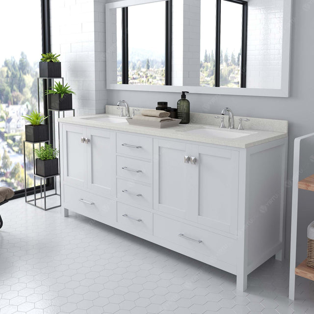 Virtu USA Caroline Avenue 72" Double Bath Vanity with Dazzle White Quartz Top and Square Sinks with Polished Chrome Faucets with Matching Mirror
