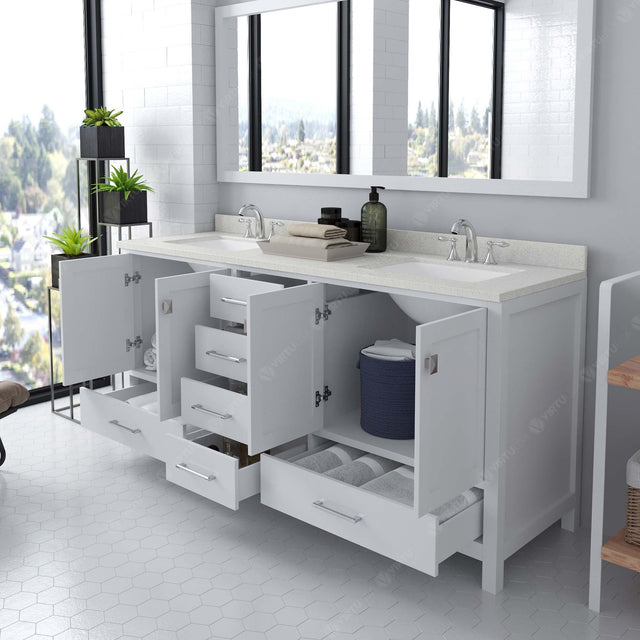 Virtu USA Caroline Avenue 72" Double Bath Vanity with Dazzle White Quartz Top and Square Sinks with Polished Chrome Faucets with Matching Mirror