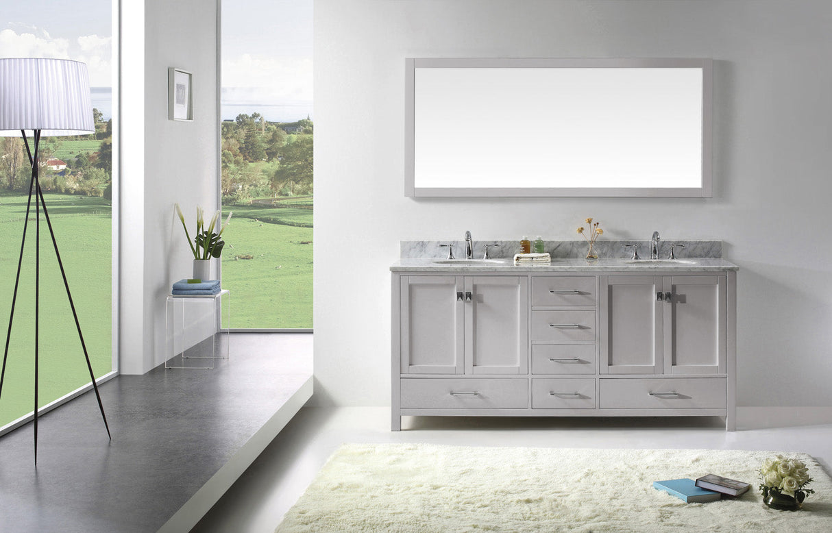 Virtu USA Caroline Avenue 72" Double Bath Vanity with White Marble Top and Round Sinks with Polished Chrome Faucets with Matching Mirror